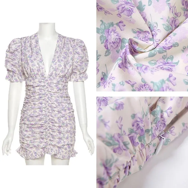 

Summer Floral Mini Dress Women 2021 Ruffles Ruched Sundress Puff Sleeve V Neck Robe Beach Boho Party Wrap Print Bodycon Dresses