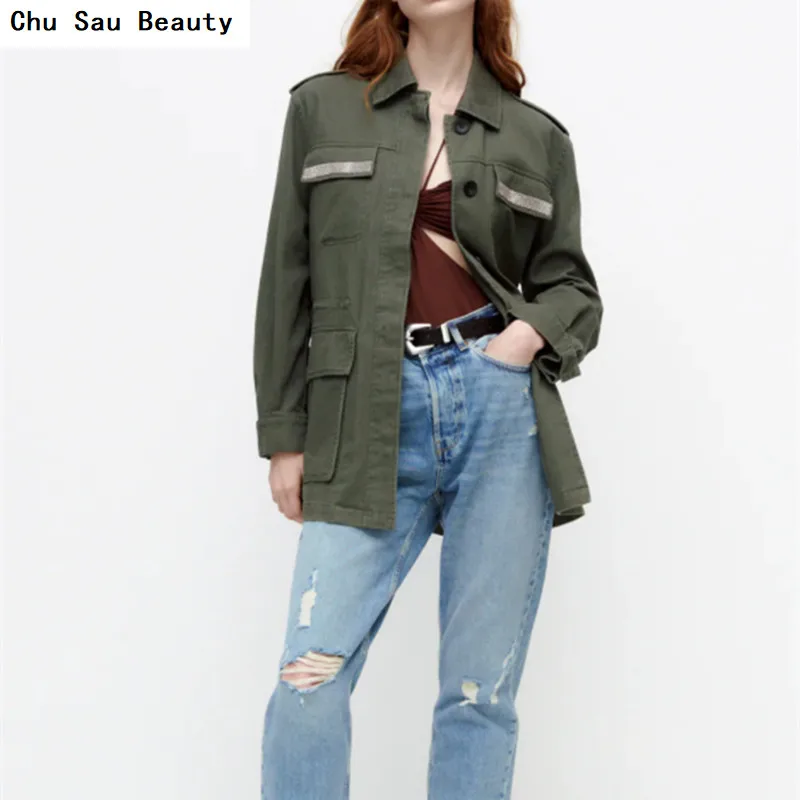 

New ZA Women's Pocket Decorative Jacket Autumn Fashion Army Green Single-Breasted Loose Oversized Casual Long-Sleeved Jacket
