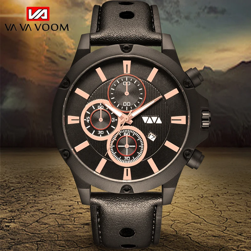 

VA VA VOOM Fashion Mens Watches Outdoor Run 30m Waterproof Military Date Calendar Sport Leather Quartz Wrist Watch Men Clock