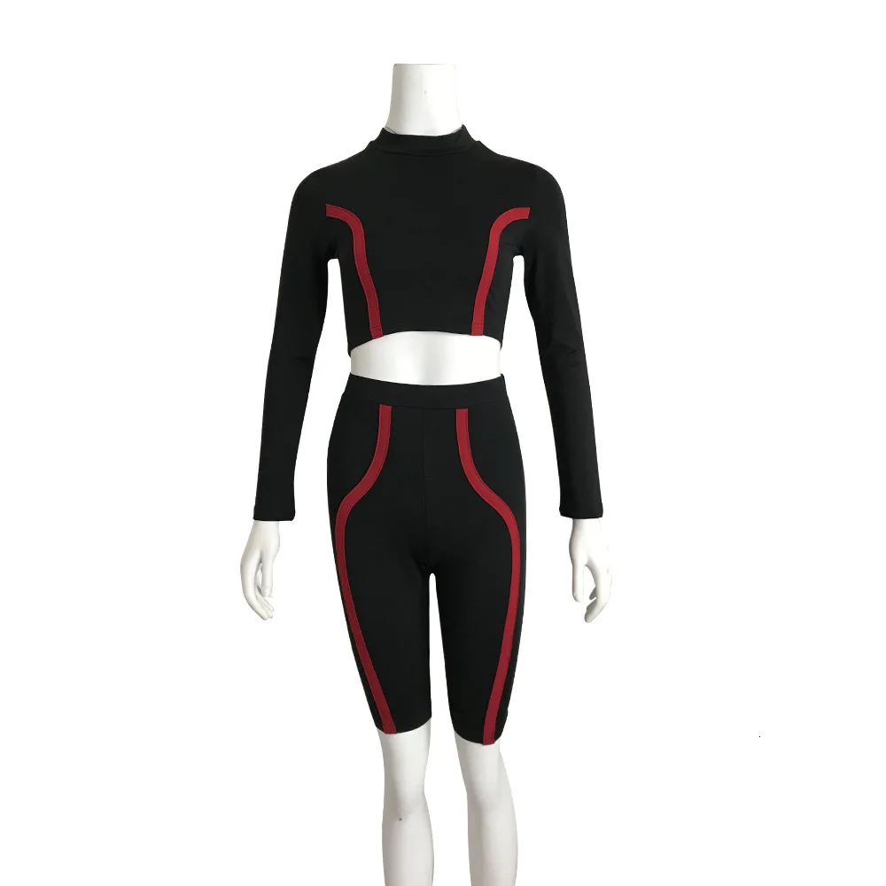 Autumn Women Two Piece Set Stripe Long Sleeve Trutleneck Crop Tops With High Waist Pants Tracksuit Sport Wear Ensemble Femme Rm* |