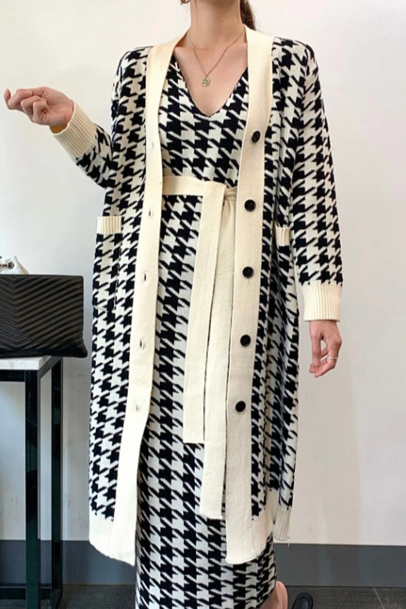 Autumn Winter Vintage Two Piece Sets Women Sexy V-neck Long Knitted Sweater Cardigan Houndstooth Vest Dress Outfits Woman Suits images - 6
