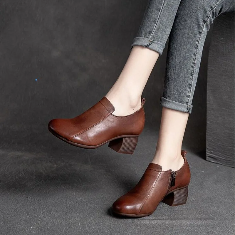 

RUSHIMAN Genuine Leather Women's Singles Shoes 2021 Autumn New Thick Heel Retro Round Head Deep Mouth Dress Shoes Black Size 35-