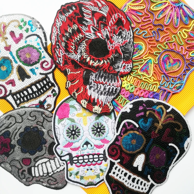 Большие значки с вышивкой и блестками в виде черепа аппликации со скелетом