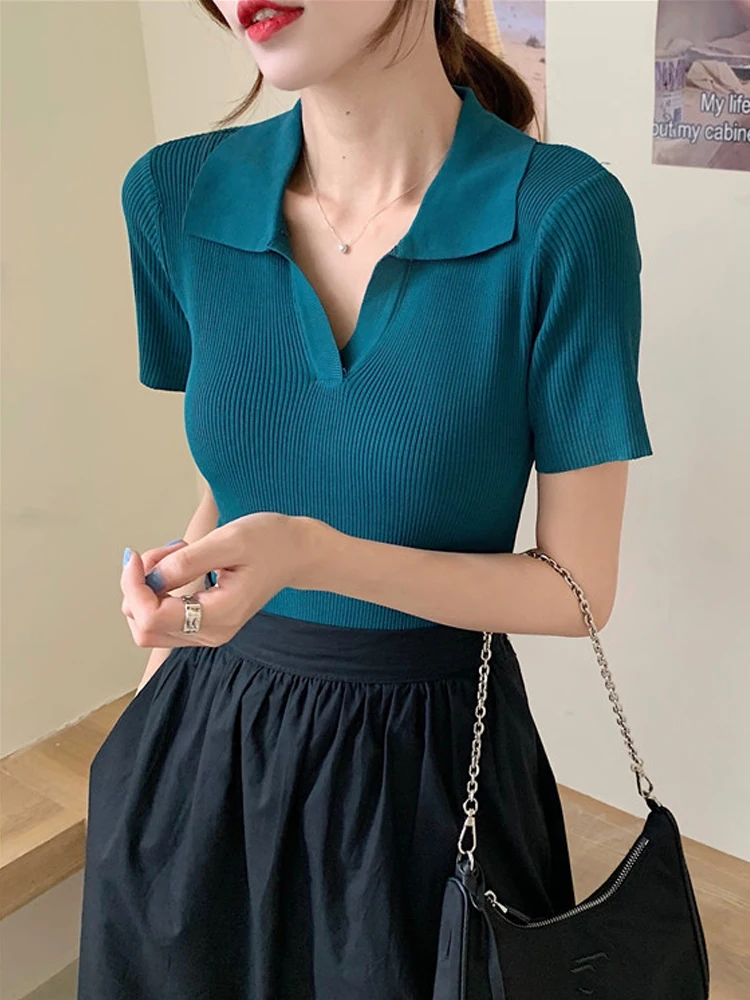 

V-neck Polo Women Shirt Slim Slimming Knit Short-sleeved T-Shirt 2021 Summer New Female Clothes