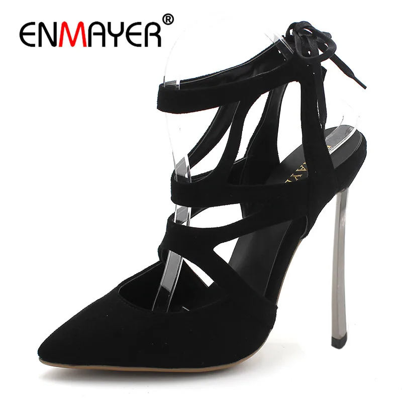 

ENMAYER Classic Black Shoes Woman High Heels Shallow Pumps Office&Career Cross-tied Plus Size 34-43 Lace-up Women Shoe