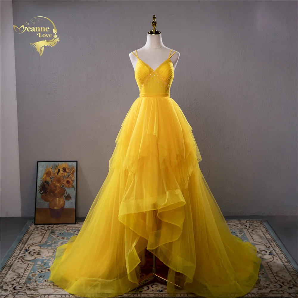 

Vestidos De Festa Women's Hi Low Formal Party Dress Double Spaghetti Straps V Neck Beaded Layered Long Prom Dress Evening Gowns