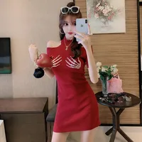 #1917 Black Red Knitted Dress Women Sexy Tight Sweater Mini Dress Short Sleeve Off Shoulder Short Party Dress Ladies Skull Hand