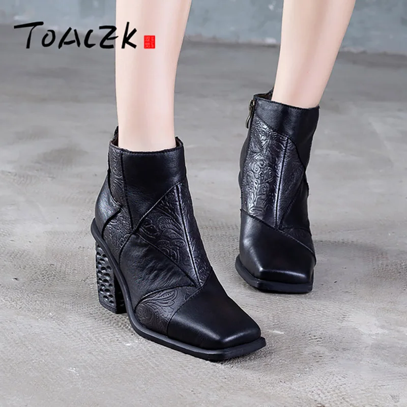 

Vintage national style low-sleeve boots, autumn and winter new high-heeled women's shoes, leather square head boots