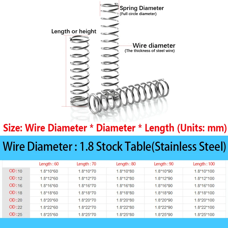 Пружина компрессионная пружинная пружина 60-100 мм из нержавеющей стали 304 Диаметр