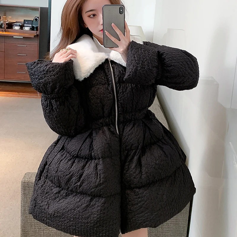 

Lucyever Fur Lapel Thick Warm Parkas Womens Mid-long Lace Up Cotton Padded Coat Woman 2020 New Kawaii Winter Slim Coats Female