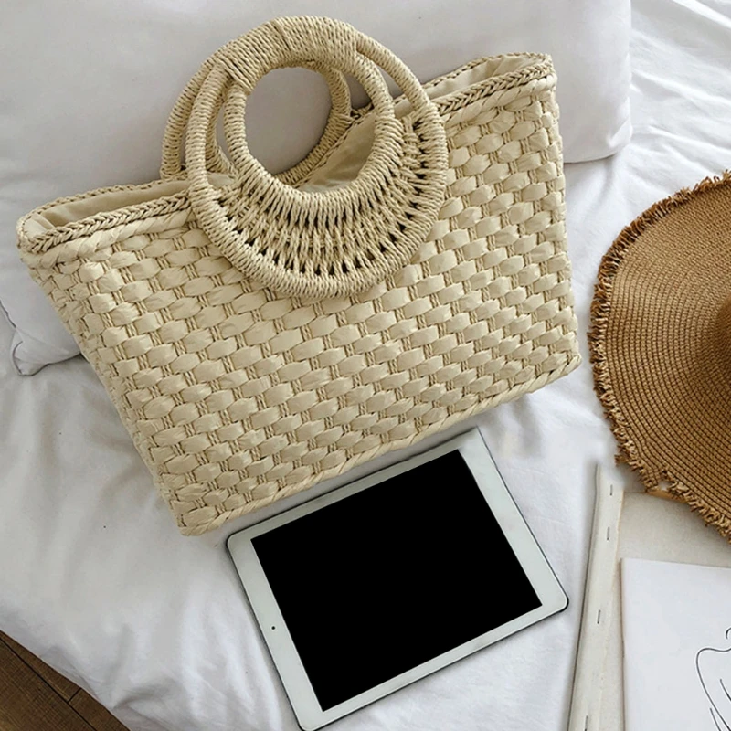 

Boho Women Summer Beach Woven Straw Handbag with Top Handle Zip Tote Bag Basket G5AE