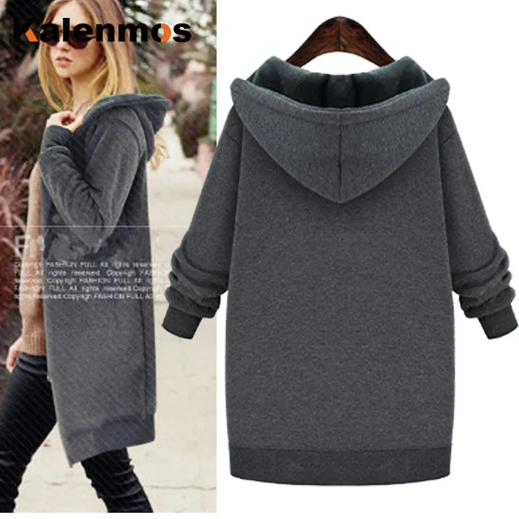 Большие размеры Long длинные зимние толстовки для женщин с карманами на молнии