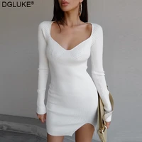 elegant white sweater dress women winter long sleeve knitted bodycon dress sexy slit mini autumn winter dress 2021 black