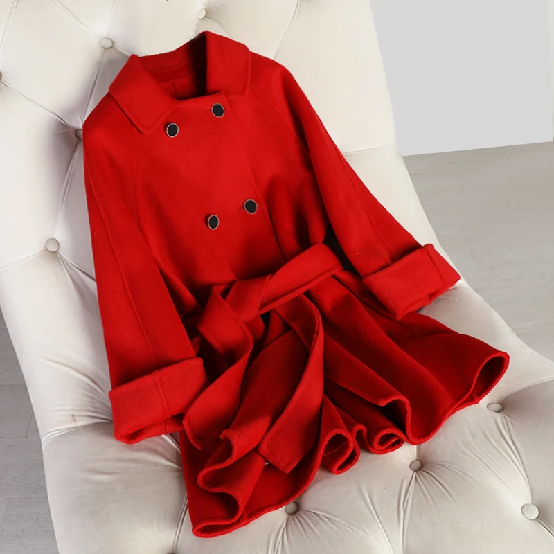 

coat winter 2020 cashmere new double-sided women's long suit collar fashion coat Lace Up Korean version is thin