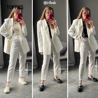 toppies 2021 spring blazer pant office ladies suit set women double breasted suit jacket high waist pants