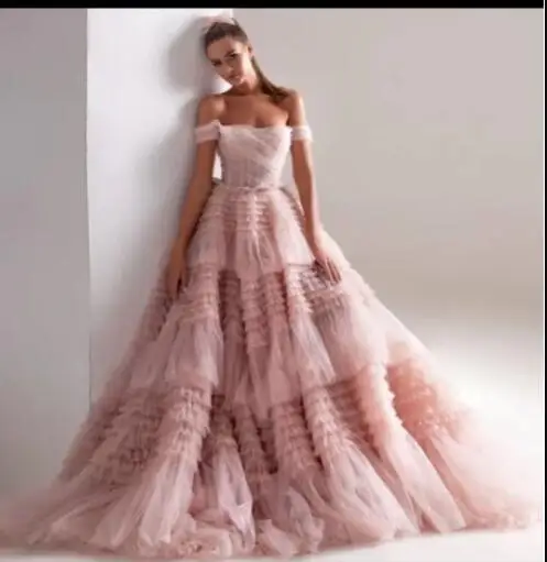 

Verngo Dusty Pink Tulle Prom Dresses Tiered Skirt Off the Shoulder A Line Evening Gowns Modern Special Occasion Party Dress