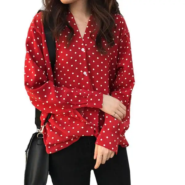 Женские блузки новинка 2019 винтажная красная блузка в горошек с v-образным вырезом