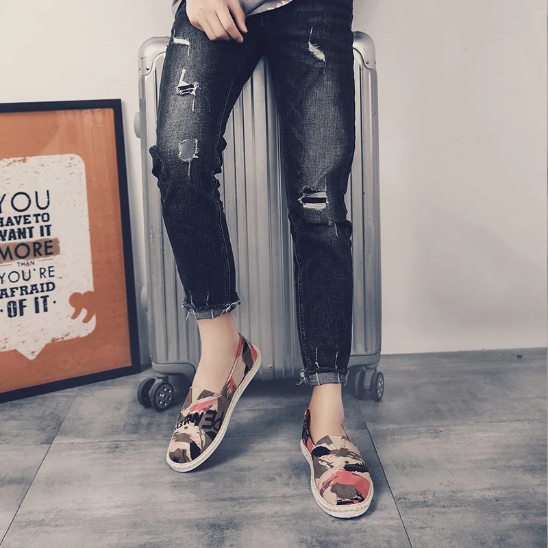 Мужские холщовые туфли красные камуфляжные ручной работы эспадрильи