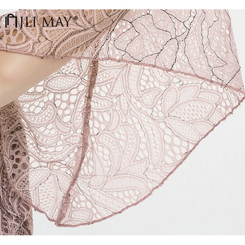 

JLI MAY Women's Dresses Large Summer Solid Slash neck Backless Hollow Out Flare Sleeve Elegant Sexy Slim Lace Midi Dress