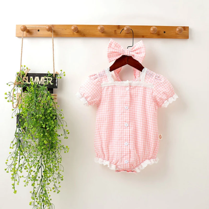 

New Baby Girls Rompers Infant Short Sleeve Summer Clothes Toddler Plaid Lace Splicing Princess Jumpsuit with Headband One-Pieces