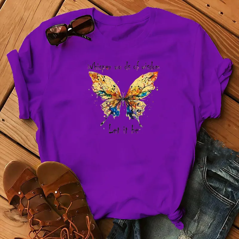 

Women's Butterfly Whisper Words Of Wisdom Solid Color T-Shirt Creative Animal Loose Tops Let It Be Casual Plus Size Shirt