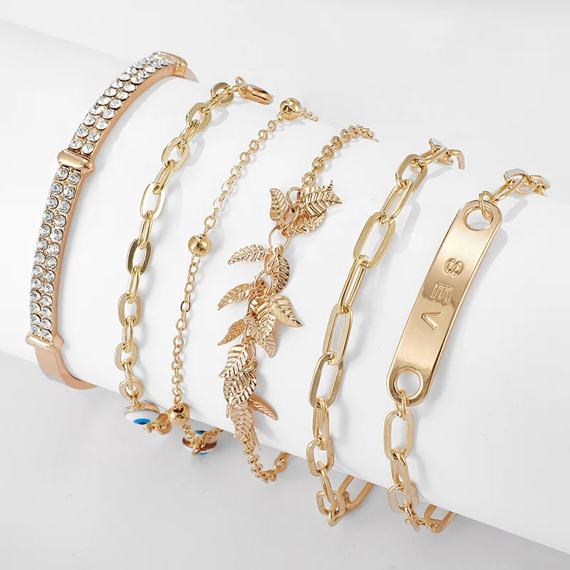 6 шт./компл. Стразы Шарм-браслеты из сплава с листьями для глаз женщин золотого