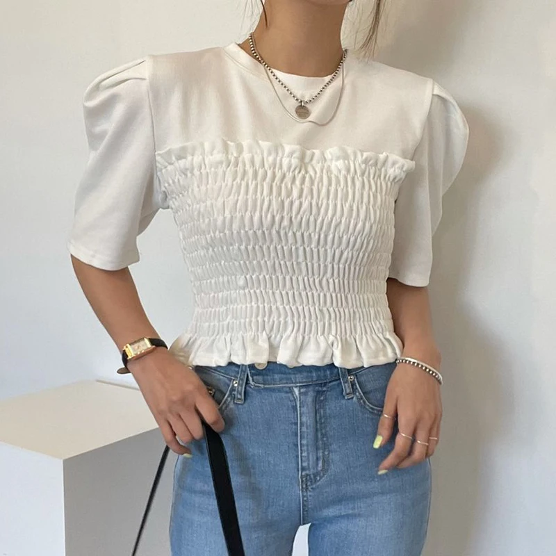 

Женские футболки 2021, летние корейские шикарные французские плиссированные облегающие пуловеры с круглым вырезом и деревянными ушками для ...