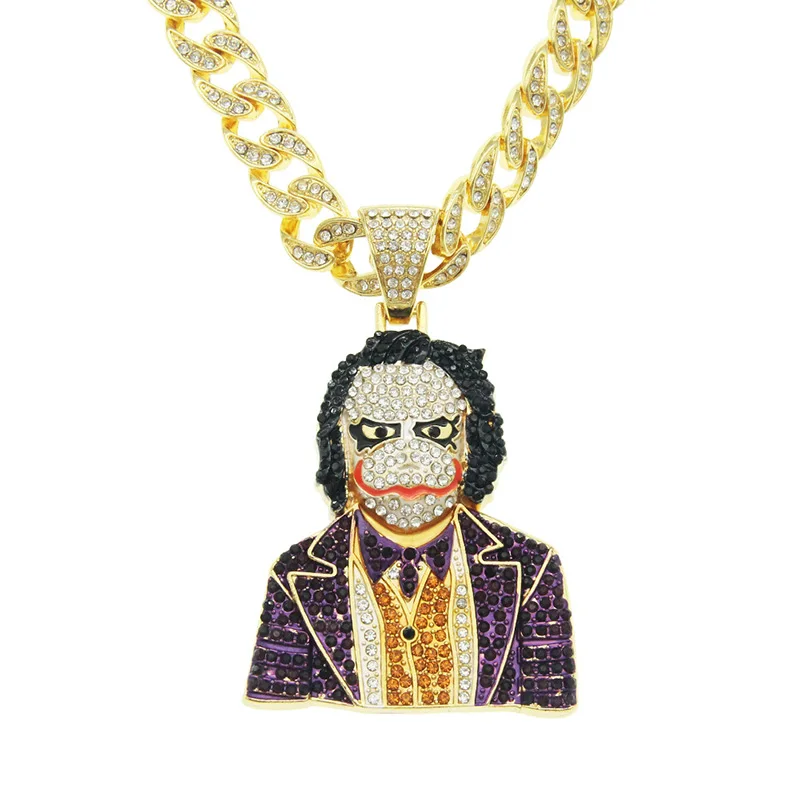 

Hip Hop Rhinestones Paved Bling Iced Out Clown Pendants Necklace for Men Rapper Jewelry with Bling Cuban Chain Gold Silver Color