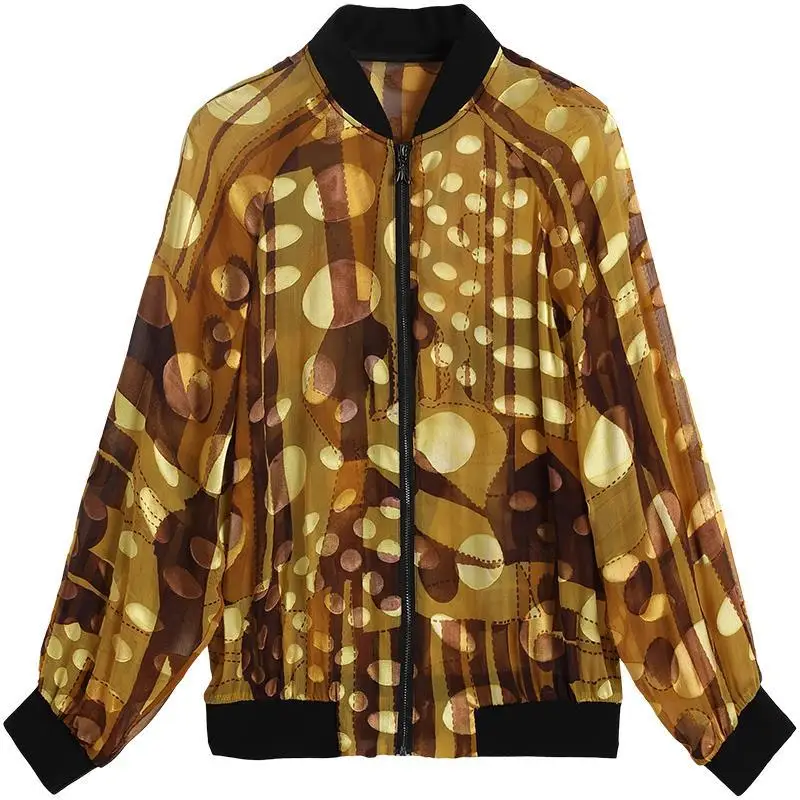 

New 2021 Summer Print Black Women Jackets Bomber Casual Baseball Basic Coats Loose Zipper Chiffon Female Outerwear KS661