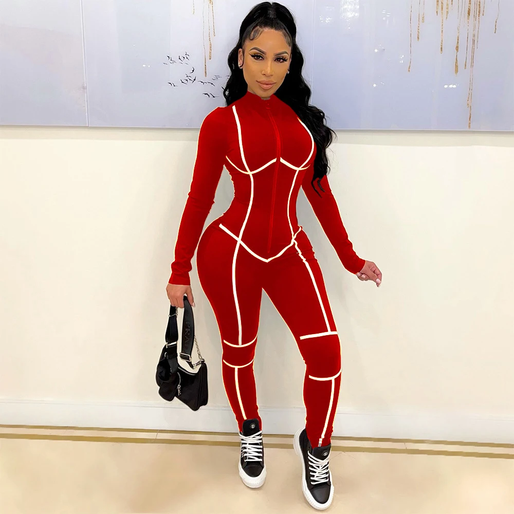 

Bright Line Decoretion Sexy Skinny Jumpsuit Women Stand Collar Long Sleeve Slim Romper Activewear Zipper Up Sporty Bodysuits