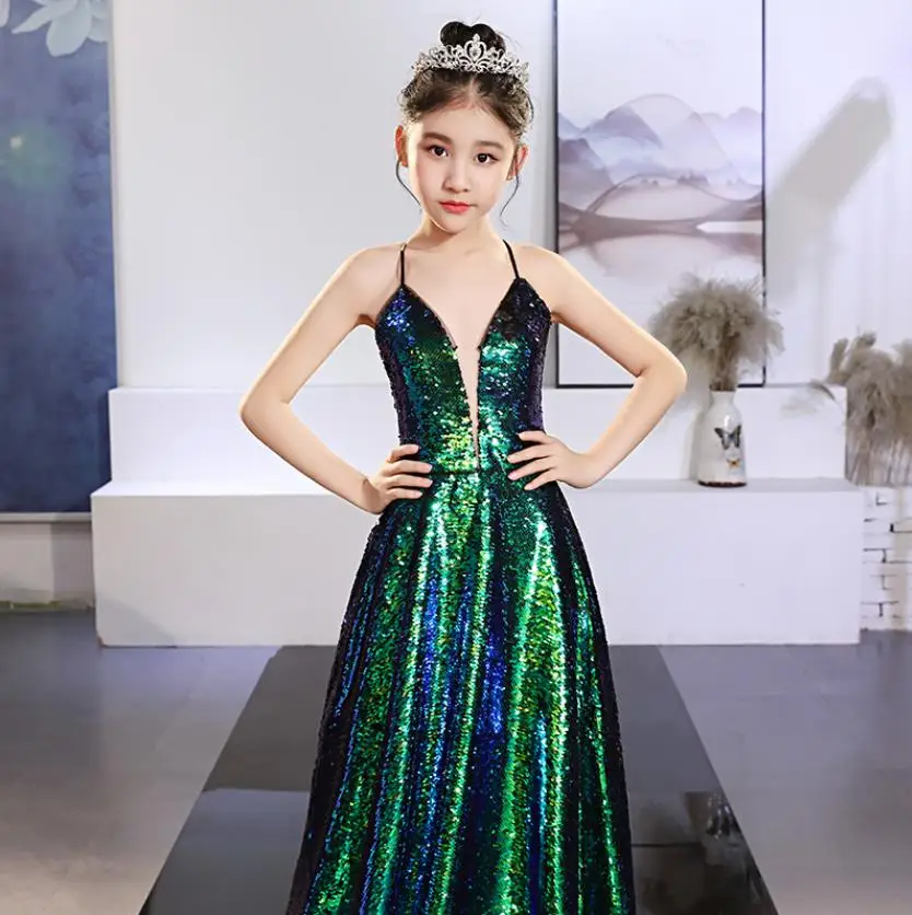 Высококачественное платье на бретельках с блестками для девочек вечернее