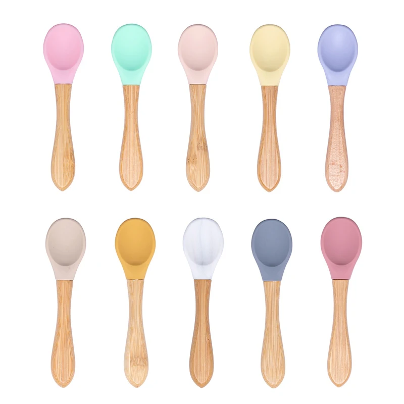 

Baby Silicone Spoon Fork Silicone Wooden Baby Feeding Soft Organic Spoon BPA Free Solid Food Grade Materia Handle Toddlers Gifts