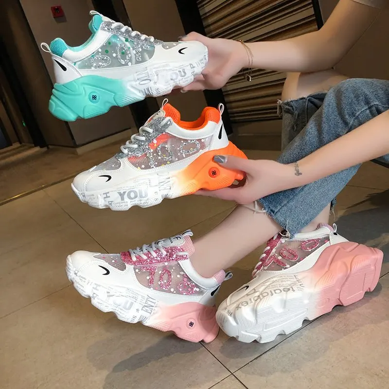 

2020 Bling Summer Women Sneakers Vulcanize Breathable Rainbow Color Fashion Casuals Height Increasing Female Chunky Ladies Shoes