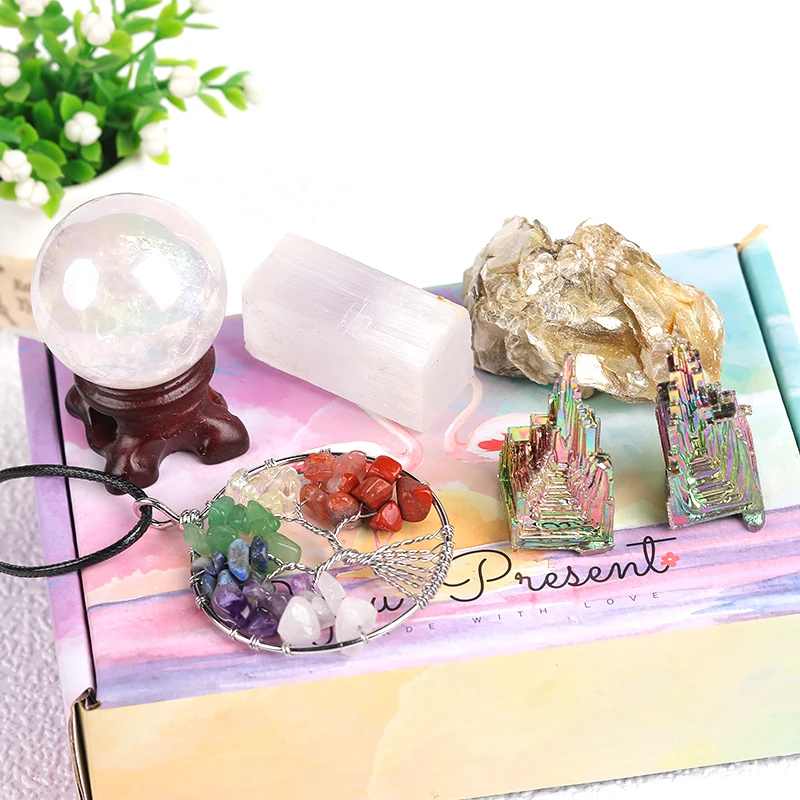 

1Set Natural Seven Chakras Crystal Pendant Selenite BismuthMetal GemstonesOre Ornaments Craft Healing Stone Home Decor Gift Box