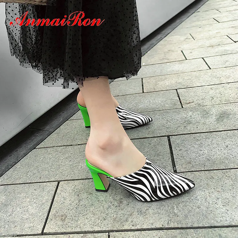 

ANMAIRON 2020 High Heels Party Women Shoes Shallow Novelty Square Heel Mules Slip-On Patent Leather Pointed Toe Zebra Pattern