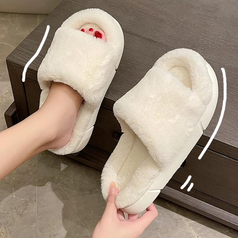 

Warm and fluffy women's shoes, fashionable warm shoes, flat shoelaces, indoor and outdoor Plush flip flops