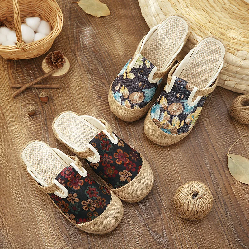 Spring Autumn Women Shoes Anti-slip Flower Cloth Casual Breathable Ladies Linen Slippers Indoor Retro Mixed Color Female Slipper