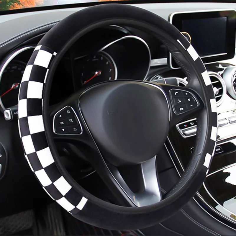 

Black And White Plaid Car Steering Wheel Cover Universal Diameter 38cm Car Accessories Auto Steering Covers Plush