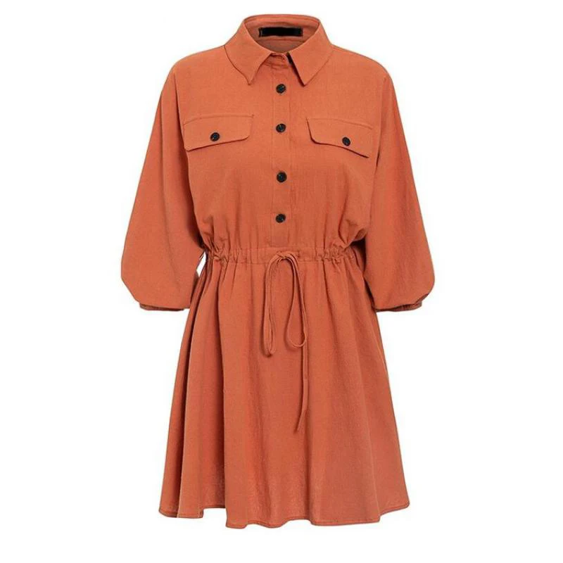 Льняное платье рубашка юбка женская с длинным рукавом Кнопка хлопковый фонарь