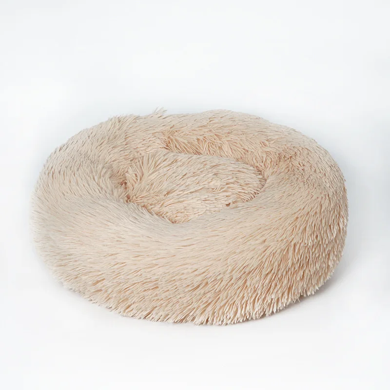 Beige Круглые плюшевые кровати для кошек, мягкая длинная плюшевая кровать для собак, товары для собак, зимние теплые спальные коврики для кошек - Цвет: Beige