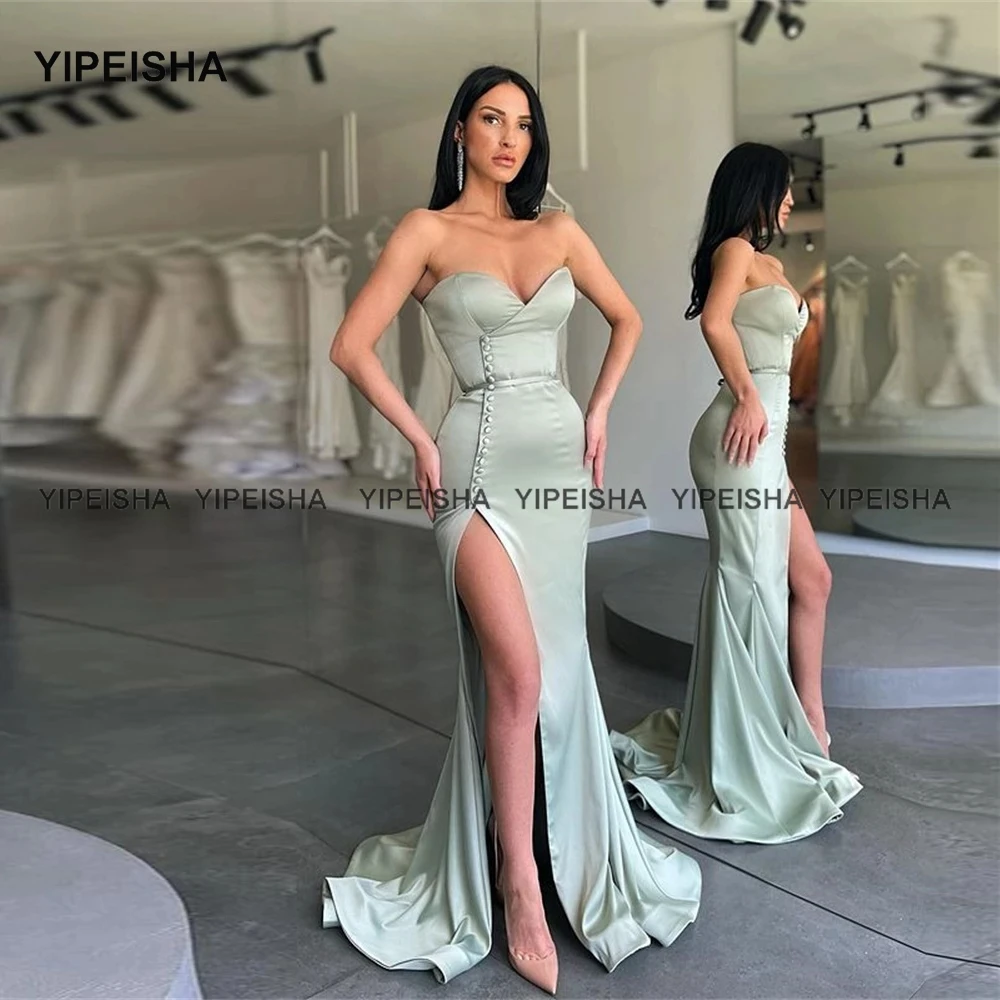 Yipeisha Sexy Side Slit Long Bridesmaid Dress Sweetheart Button Long Wedding Party Dress Formal Celebrity Maid of Honor Gowns