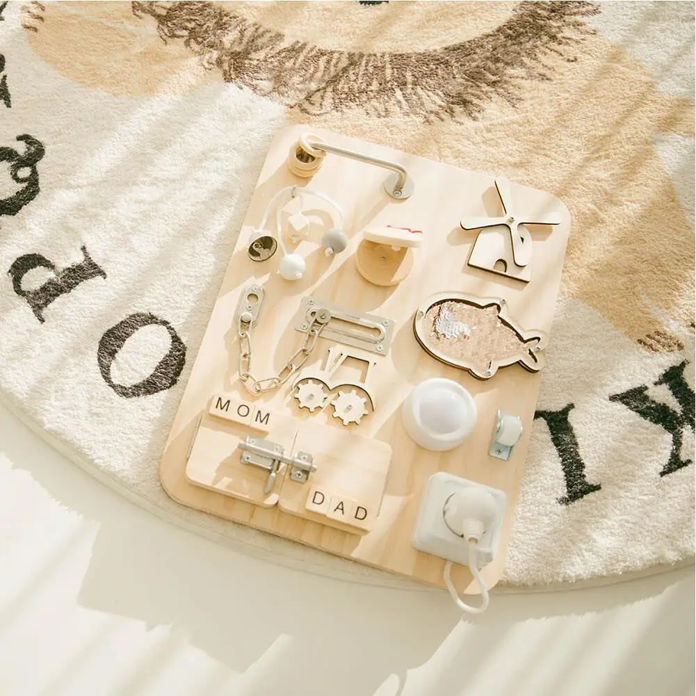

Kid Busy Board Diy Accessories Montessori Early Education Teaching Aids Zipper Shoelace Windmill Wooden Busy Board Elements Toys