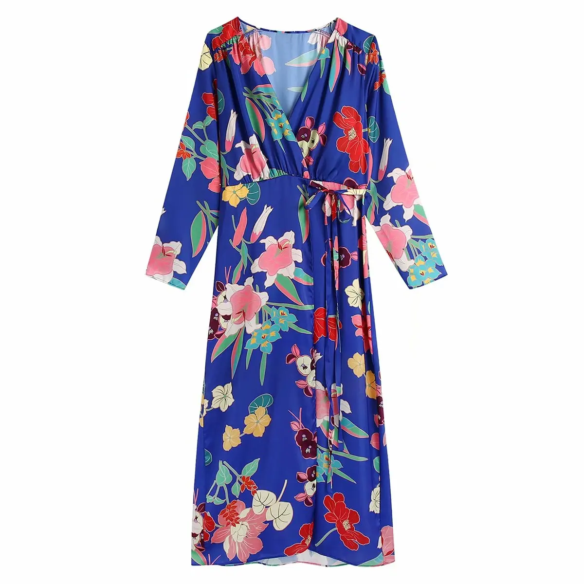 

2021 Women Fashion Lace Up Floral Printed Midi Dress V-neck Long Sleeves Vintage Female Dresses Boho style Woman Robe