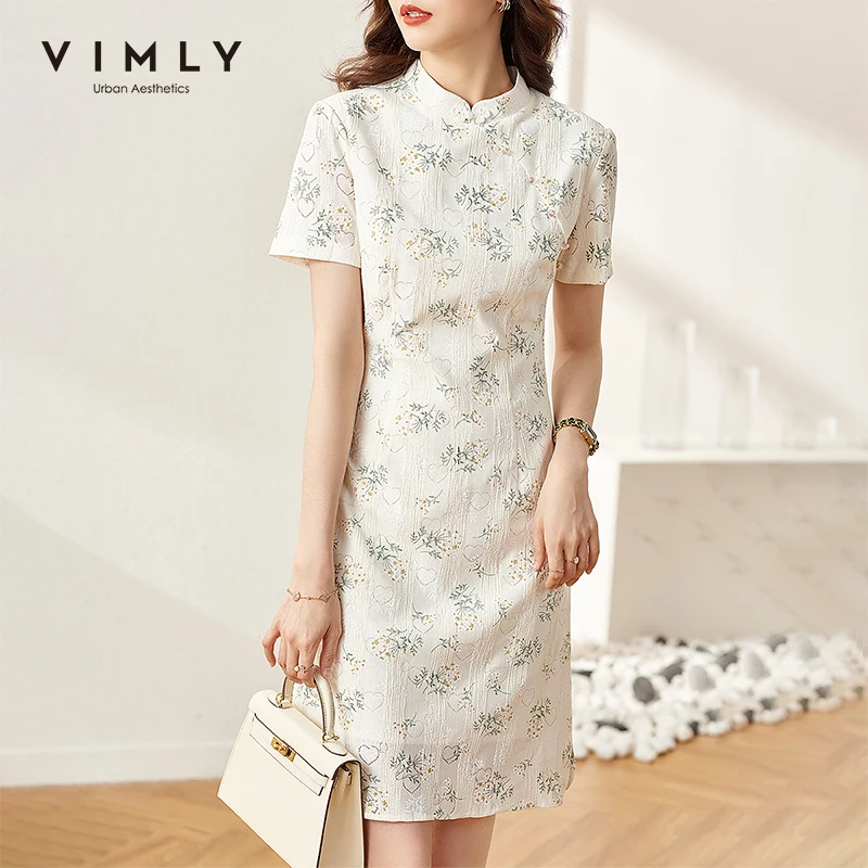 

VIMLY Chinese Style Women Dress Elegant Stand Collar Slim Cheongsam 2021 Short Sleeve Floral Dresses Female Vestidos F7863