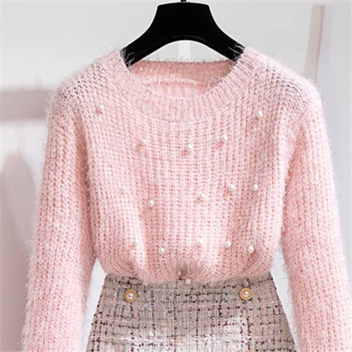 pink sweater Осенне-зимний комплект из двух предметов, спортивный костюм женская одежда элегантный вязаный свитер с бисером+ короткая твидовая юбка русалки, костюм - Цвет: pink sweater