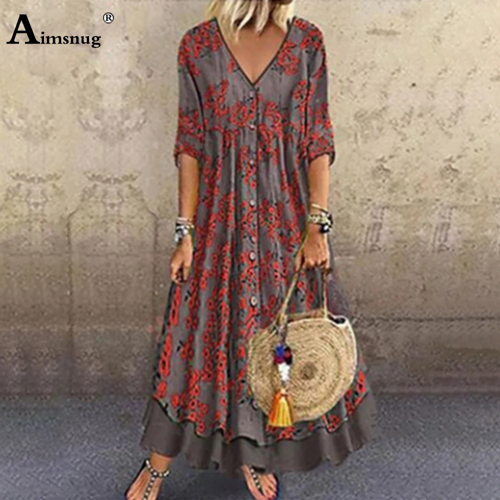 Женское длинное платье макси с V образным вырезом свободное в стиле бохо принтом