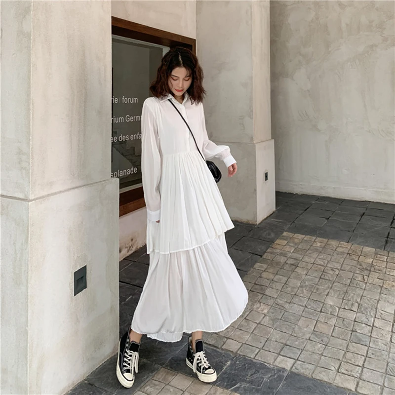 Women Solid Dress Harajuku Pleated Ladies Midi Casual A-Line Chic Fashion High Waist Turn-down Collar Sweet | Женская одежда