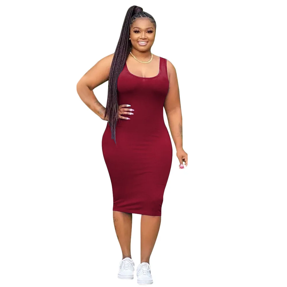 

Solid Color Casual Plus Size Midi Dress Women Scoop Neck Sleeveless Package Hip Dresses Summer High Waisted Party Club Vestidos