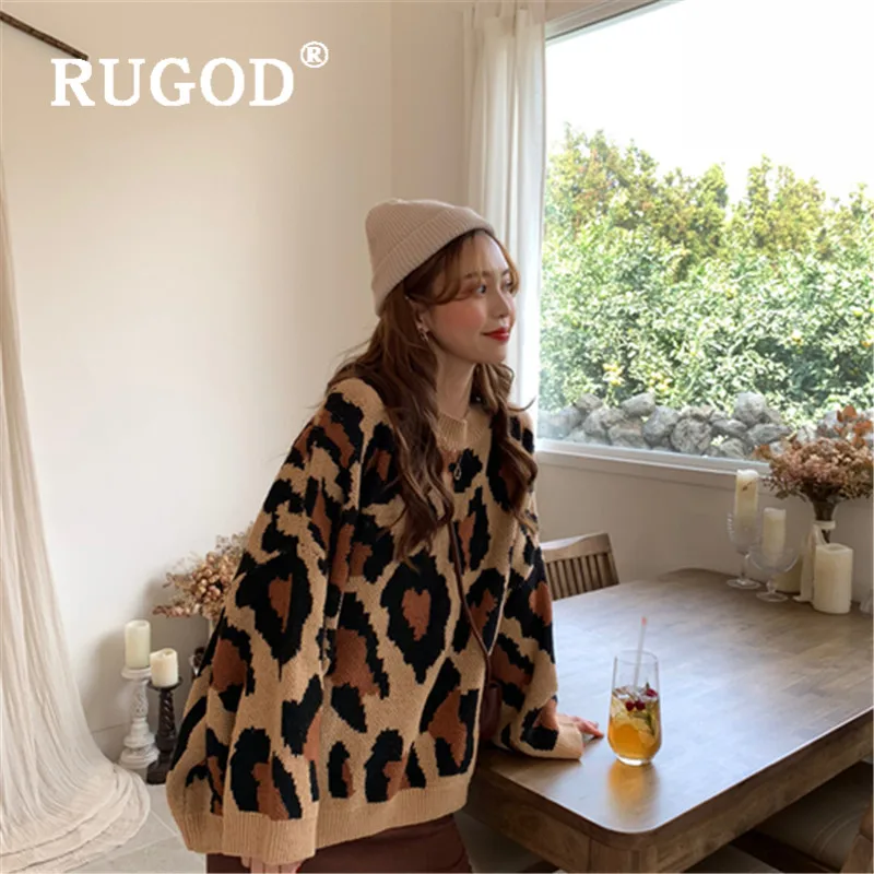 RUGOD 2019New женский леопардовый вязаный свитер с круглым вырезом свободный пуловер