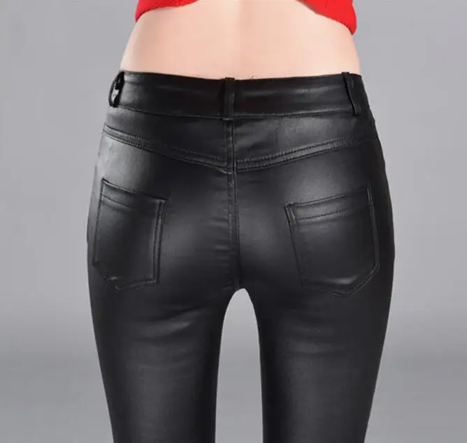 Autumn Winter women leather pants High Waisted elastic shiny trousers slim female pencil pantalon femme | Женская одежда